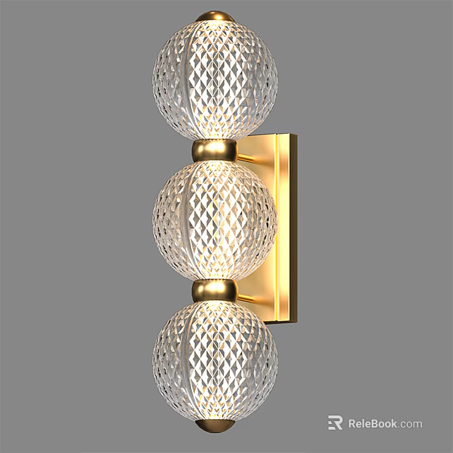 Elegant Modern Wall Lamp with Three Diamond Pattern Spherical Glass Shades and Golden Base 3d model 