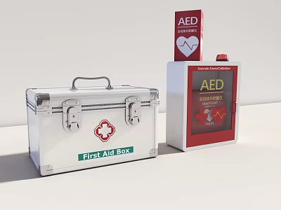 Medical Devices With First Aid Box And AED For Emergency Response 3d model