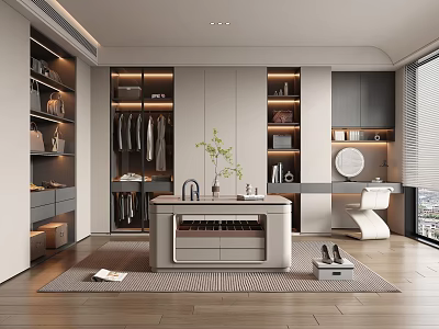 Elegant Modern Walk in Closet Interior With Hanging Clothes Shelves And Dressing Table 3d model