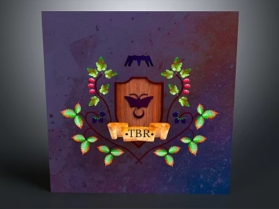 Green Vines With Red Berries And Colorful Leaves Around Wooden Shield On Purple Blue Background 3d model