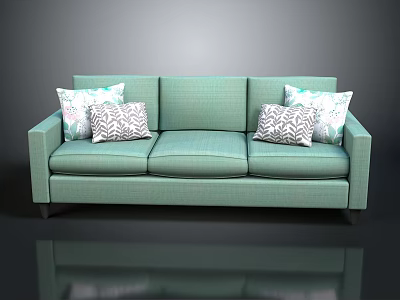 Modern Teal Upholstered Sofa With Geometric Patterned Pillows And Three Seats 3d model