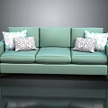 Modern Teal Upholstered Sofa With Geometric Patterned Pillows And Three Seats