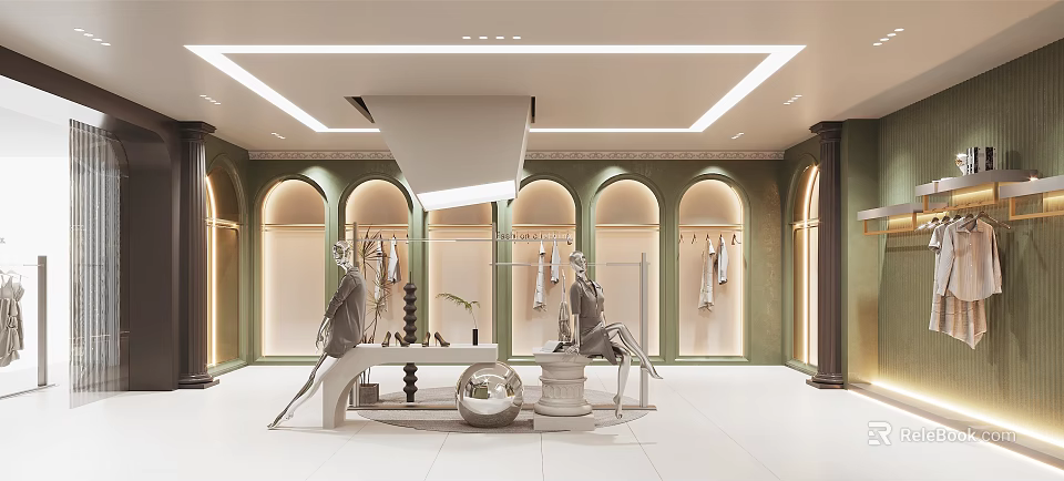 Elegant Clothing Store Interior With Arched Displays Mannequins Green Walls And White Flooring 3d model 