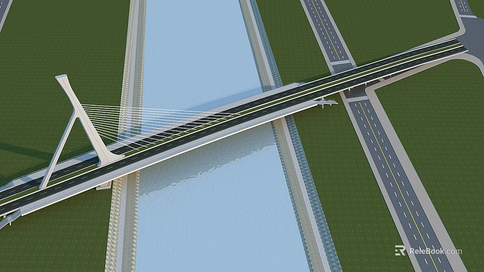 Cable Stayed Bridge Structure Over Water With Road Connections And Green Grass 3d model
