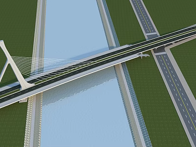 Cable Stayed Bridge Structure Over Water With Road Connections And Green Grass 3d model