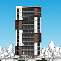 Modern Tall Apartment Building With Surrounding Trees And Blue Sky
