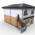 Two Story Commercial Building With Yellow Storefront Brown White Exterior Glass Windows And Metal Staircase