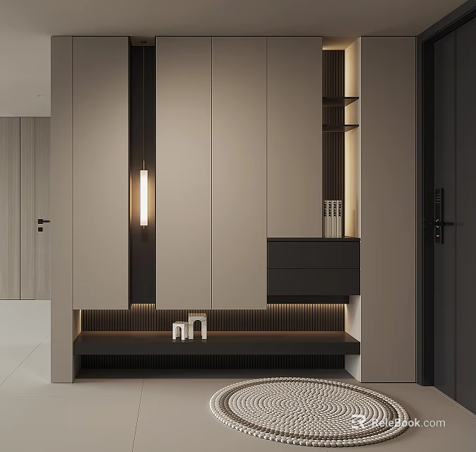 Modern Shoe Cabinet with Beige Black Sleek Design LED Lighting Below Bench and Open Shelves 3d model 