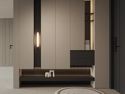 Modern Shoe Cabinet with Beige Black Sleek Design LED Lighting Below Bench and Open Shelves 3d model