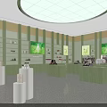 Green Interior Specialty Store With Display Shelves Round Counters White Chairs And Green Plants
