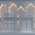 Shopping Mall Store Exterior With Unique Roof Design Light Facade Black Windows White Fence