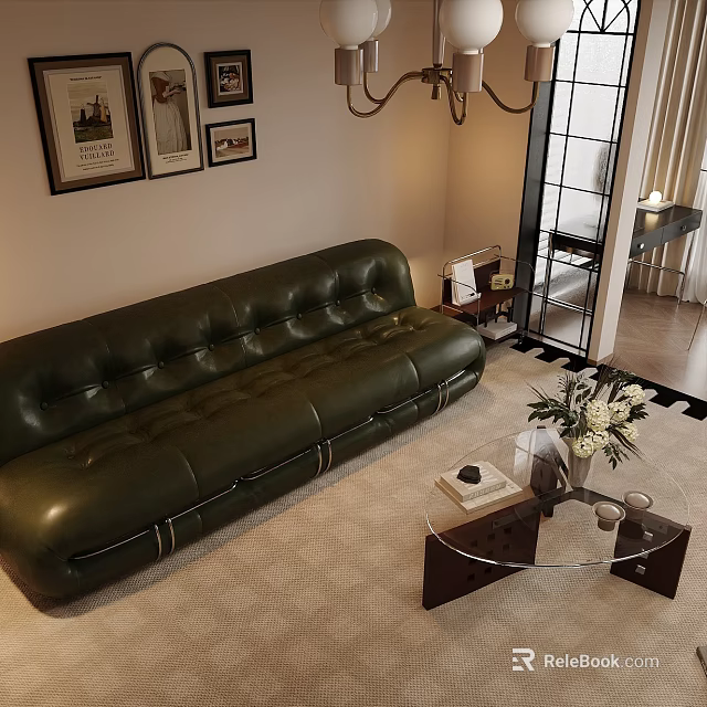 Retro Dark Green Leather Sofa And Clear Glass Coffee Table Combination For Cozy Living Room 3d model 