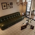 Retro Dark Green Leather Sofa And Clear Glass Coffee Table Combination For Cozy Living Room