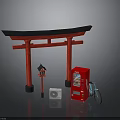 Japanese Torii Gate Scene With Red Vending Machine Lantern White Device And Bicycle