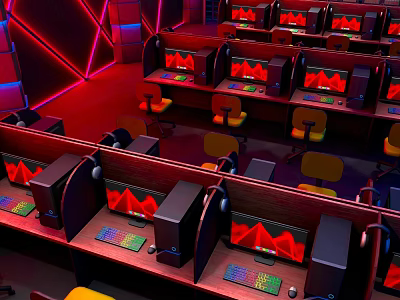 Modern Tech Gaming Interior Design With PC Setups Gaming Chairs And Neon Lights 3d model