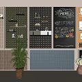 Stylish Wall Decor with Perforated Panels Chalkboard Menu Corkboard and Decorative Plants
