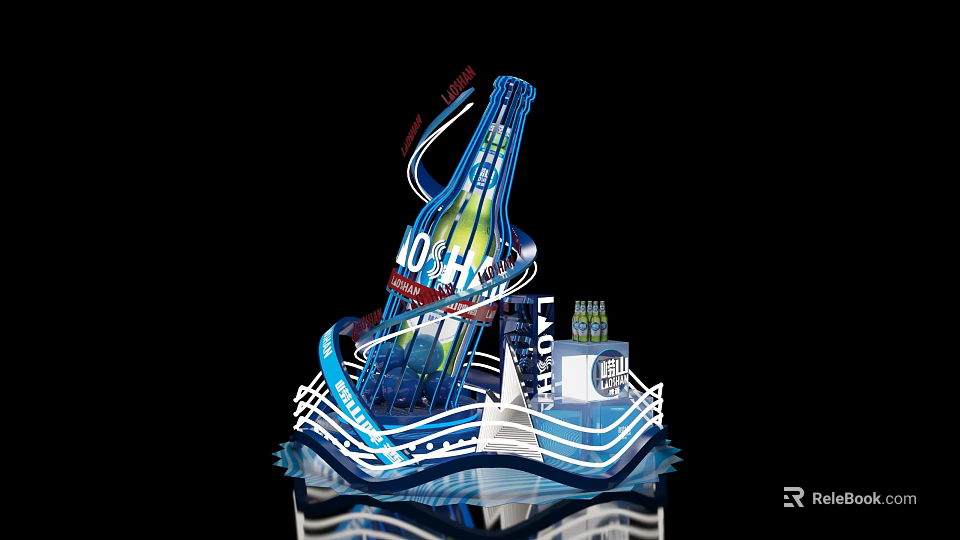 Eye Catching Photo Spot Featuring Blue Miller Lite Bottle Shape With Illuminated Wave Base 3d model 