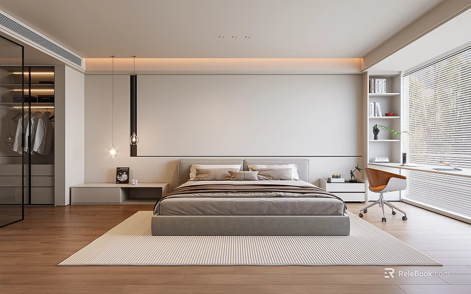 Modern Bedroom Interior With Large Bed Nightstands Rug Bookshelf And Wooden Floor 3d model 