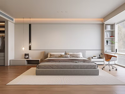 Modern Bedroom Interior With Large Bed Nightstands Rug Bookshelf And Wooden Floor 3d model