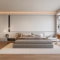 Modern Bedroom Interior With Large Bed Nightstands Rug Bookshelf And Wooden Floor