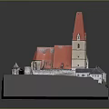 Castle Style Architectural Model Featuring Red Roof Tower Surrounding Structures Green Grass and Gray Base