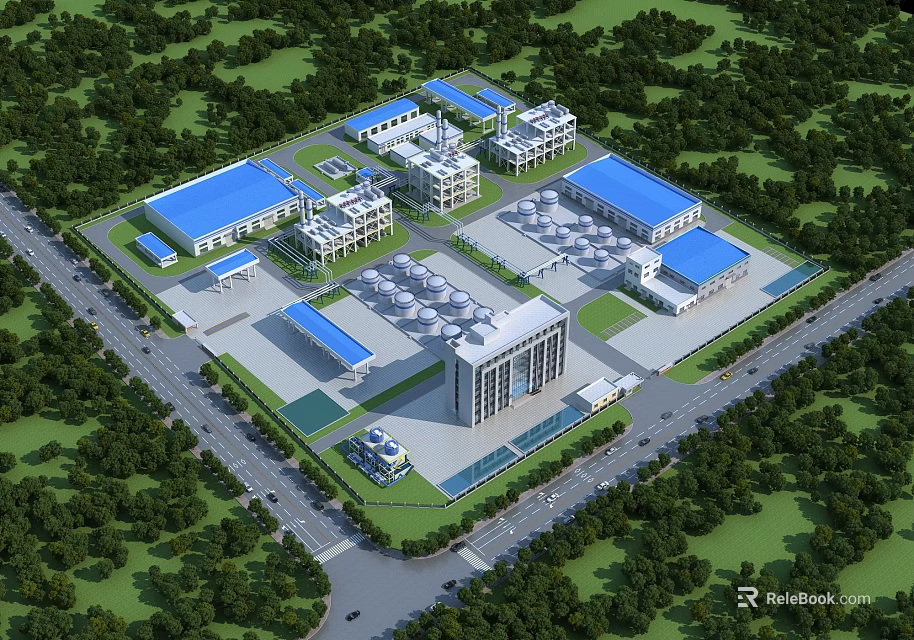 Modern Industrial Factory Complex With Blue Roofs Surrounded by Green Vegetation and Road Access 3d model 