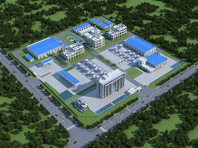 Modern Industrial Factory Complex With Blue Roofs Surrounded by Green Vegetation and Road Access 3d model