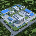 Modern Industrial Factory Complex With Blue Roofs Surrounded by Green Vegetation and Road Access
