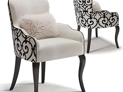 White Upholstered Accent Chair With Black Ornate Scroll Design Curved Legs And Fluffy Pillow 3d model