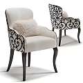 White Upholstered Accent Chair With Black Ornate Scroll Design Curved Legs And Fluffy Pillow