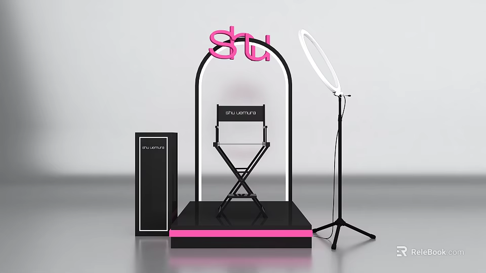 Pink Shu Themed Photo Check-in Spot Featuring Ring Light Director Chair And Black Platform 3d model 