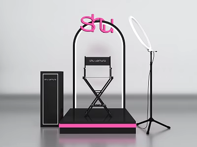 Pink Shu Themed Photo Check-in Spot Featuring Ring Light Director Chair And Black Platform 3d model