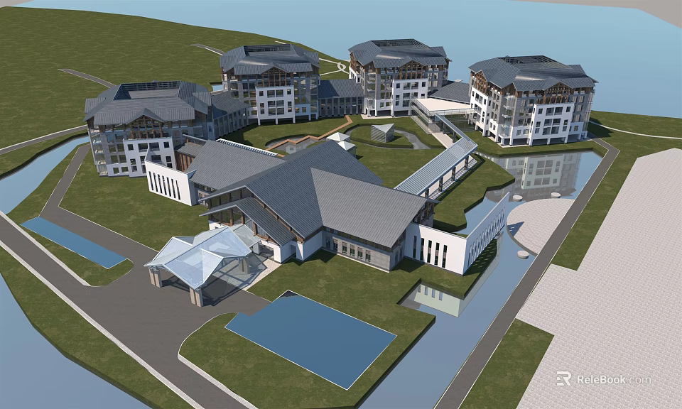 Modern Detached Villa Complex With Green Lawns Water Ponds And Courtyard Design 3d model 