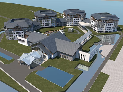 Modern Detached Villa Complex With Green Lawns Water Ponds And Courtyard Design 3d model
