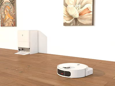Smart Robot Vacuum Cleaner Cleaning Wooden Floor In Living Room With Paintings 3d model