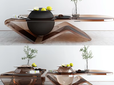 Modern Coffee Table Featuring Unique Geometric Design Glass Surface Lemons Apples Vase And Green Plant 3d model