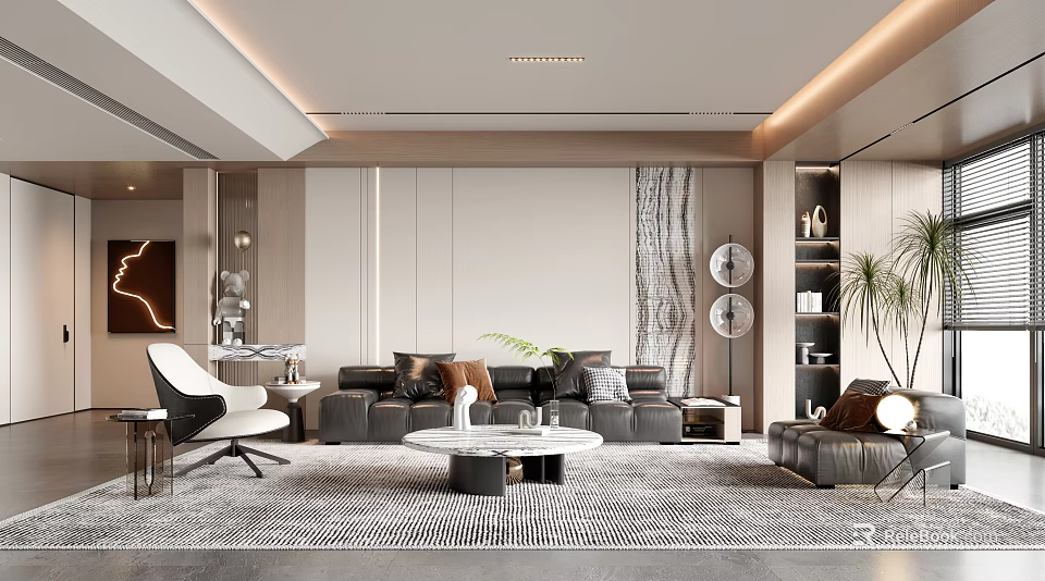 Modern Living Room Interior Design With Gray Sofa Round Coffee Table And Geometric Rug 3d model 