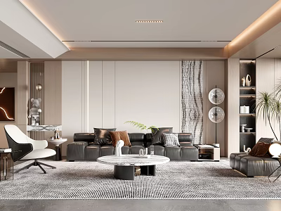 Modern Living Room Interior Design With Gray Sofa Round Coffee Table And Geometric Rug 3d model
