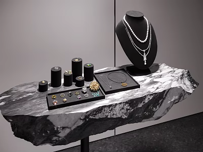 Elegant Jewelry Display Shelf with Necklace Small Black Cylinders Tray on Rock Textured Surface 3d model