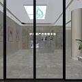 Modern Front Desk Reception Area With Sofa Plants TV Screen And City View Windows