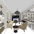 Double Height Living Room Interior With Chandelier Fireplace Sofa Armchair And Curtained Windows