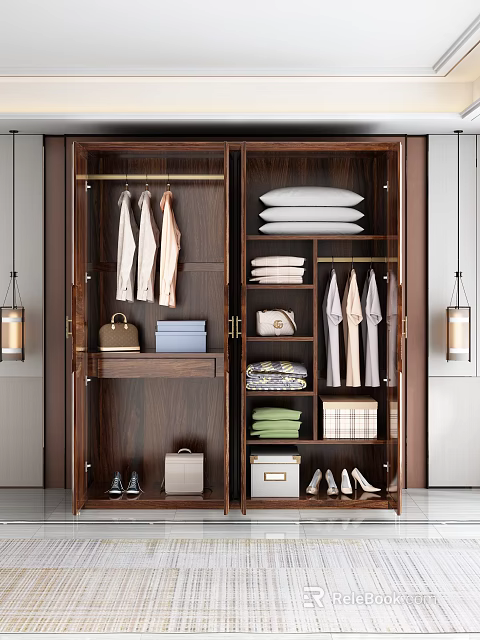 Modern Solid Wood Wardrobe With Multiple Storage Compartments For Organizing Clothes Beddings Bags And Shoes 3d model 