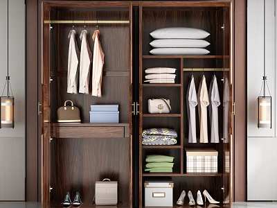 Modern Solid Wood Wardrobe With Multiple Storage Compartments For Organizing Clothes Beddings Bags And Shoes 3d model