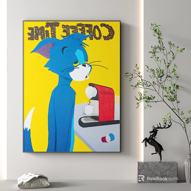 Blue Cat Coffee Time Wall Art With Yellow Background And Coffee Machine 3d model