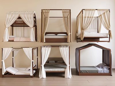 Various Bed Canopy Designs For Bedroom With Wooden Frames And Soft Curtains 3d model