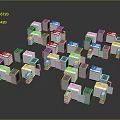 Silver And White Cubes In Stacked Arrangement With Small Blue Squares On Surface