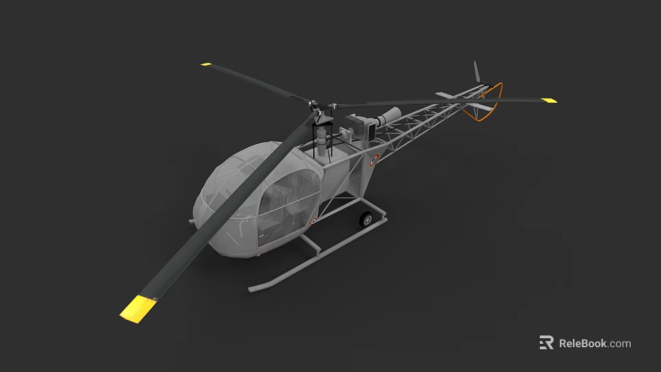 3D Model Helicopter With Gray Body Transparent Cabin And Yellow Tipped Rotor Blades 3d model 
