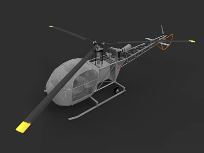 3D Model Helicopter With Gray Body Transparent Cabin And Yellow Tipped Rotor Blades 3d model