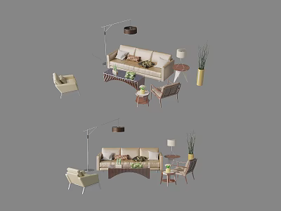 Modern Sofa Coffee Table Combination with Accent Chair Floor Lamp Table Lamp and Plant 3d model