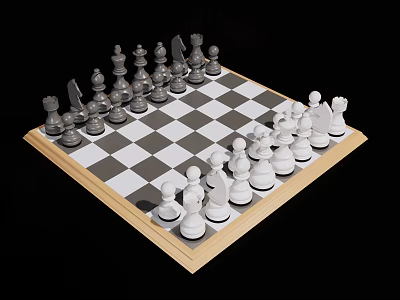 Checkered Chessboard With Black And White Chess Pieces On Wooden Frame 3d model